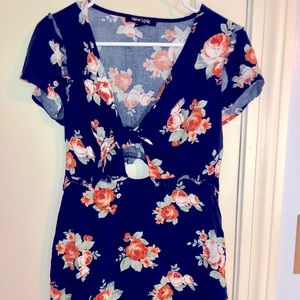 Navy floral print cocktail party dress